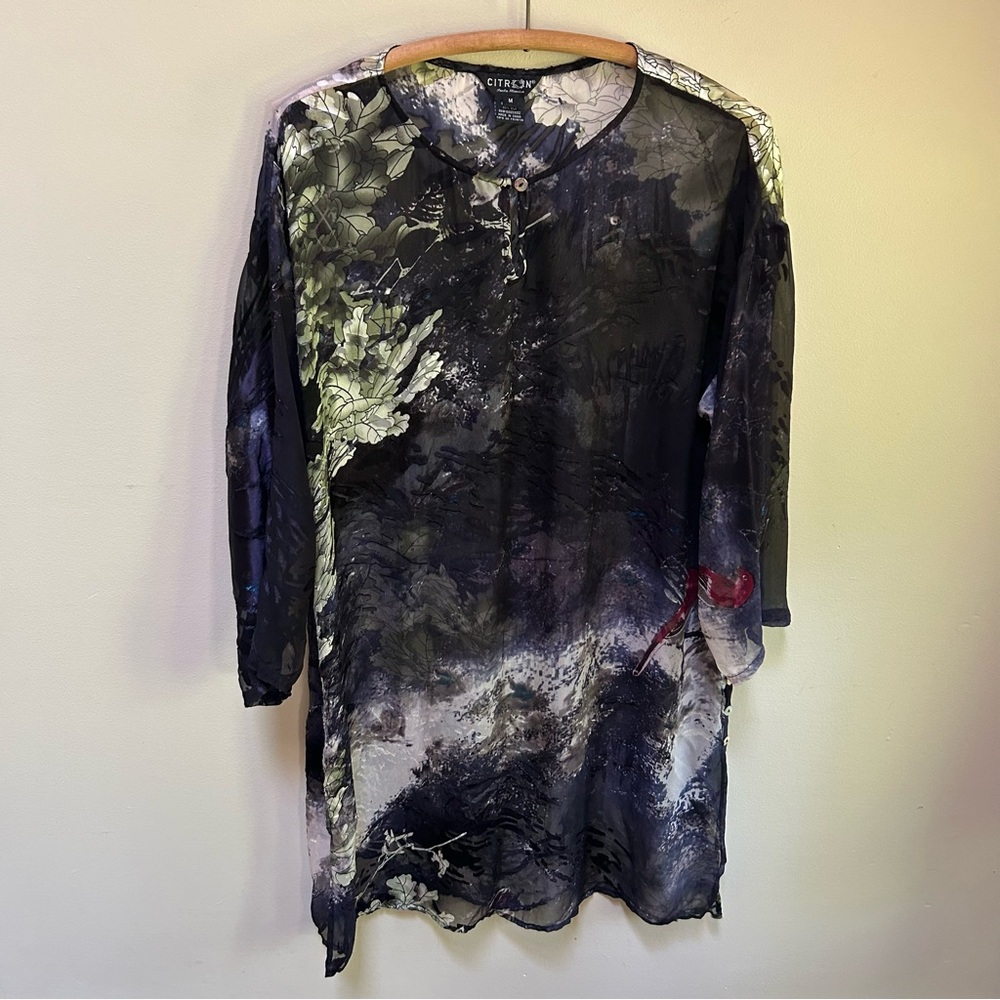 Citron~Multicolor Sheer 3/4 Sleeve Silk Blend Flora Fauna Birds Tunic sz Medium